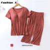 Women's Pajamas Two Piece Short Sleeve Wide Leg Pants Large Size Homewear Set