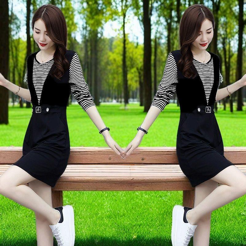 Women's Korean-Style Casual Slim-Fit A-Line Dress Striped Patchwork False Two-Piece Long-Sleeve One-Piece Dress