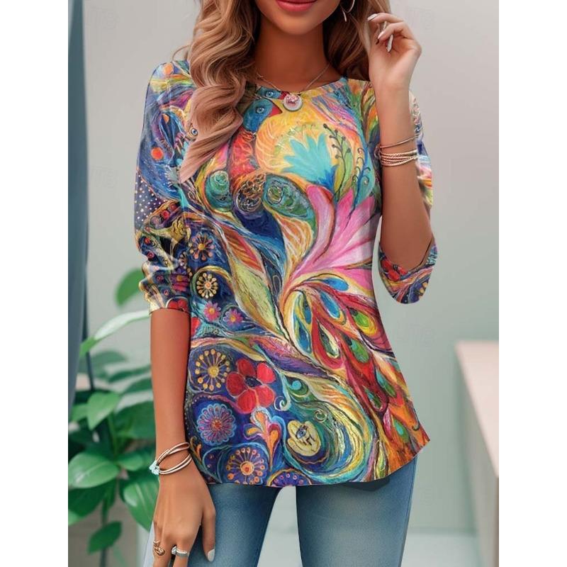 Fashion Women s T Shirt 3D Print Floral Graphic Casual Tee Holiday Fashion Long Sleeve T-shirt O-Neck Sweatshirt Pullover S