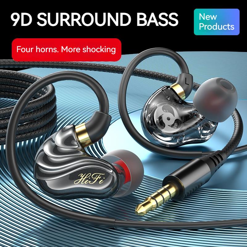 Quad Core 9D Surround Sound Gaming Earphones Type C&3.5mm Wired In-ear Earbuds Deep Bass Headphones Sports Headsets for Samsung