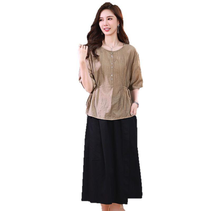 2025 Summer Fashion Tencel Two-Piece Set: Age-Reducing Mom Casual Blouse & Loose Midi Skirt