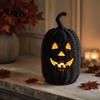 Handcrafted Woven Pattern Pumpkin Halloween Resin Basket, Faux Lantern Ornament, Spooky Party Favors Black Candy Jar for Tabletop Mantel Decor