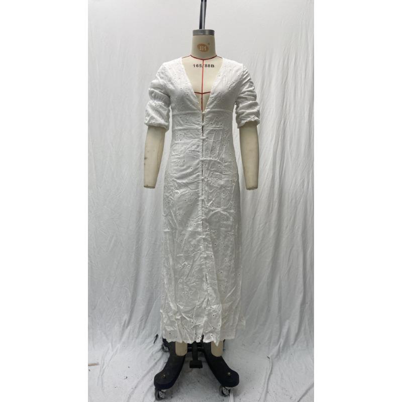 Women's Summer Deep V Bubble Sleeve Lace Hollow Slim Long Dresses