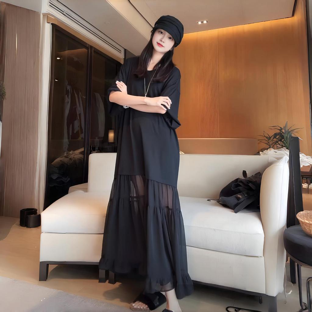 Plus Size French Patchwork Round Neck Summer Dress - Women's Versatile Solid Color Skirt