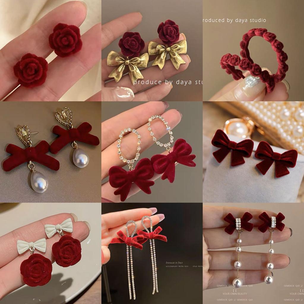 New Fashionable Flocked Earrings, Silver Needle Bow Earrings, High-end Feeling, Niche Red Earrings