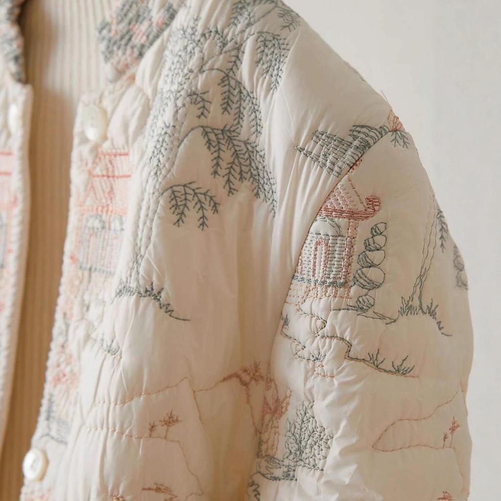 Autumn/winter Women Floral Embroidery Single Breasted Vintage Parker Casual Loose O-neck Long Sleeves Coats