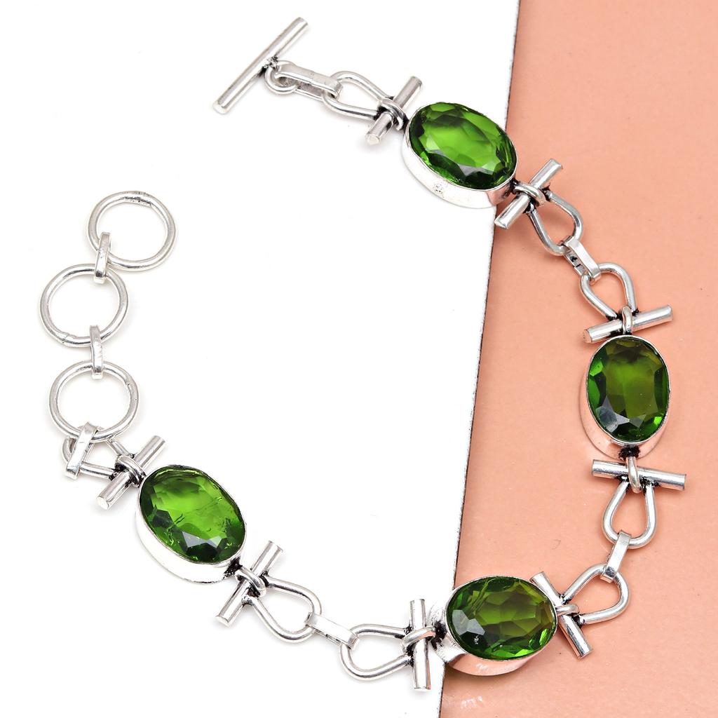 Silver Bracelet Sterling  Peridot Gemstone Quartz Quartz, 7-8" Green