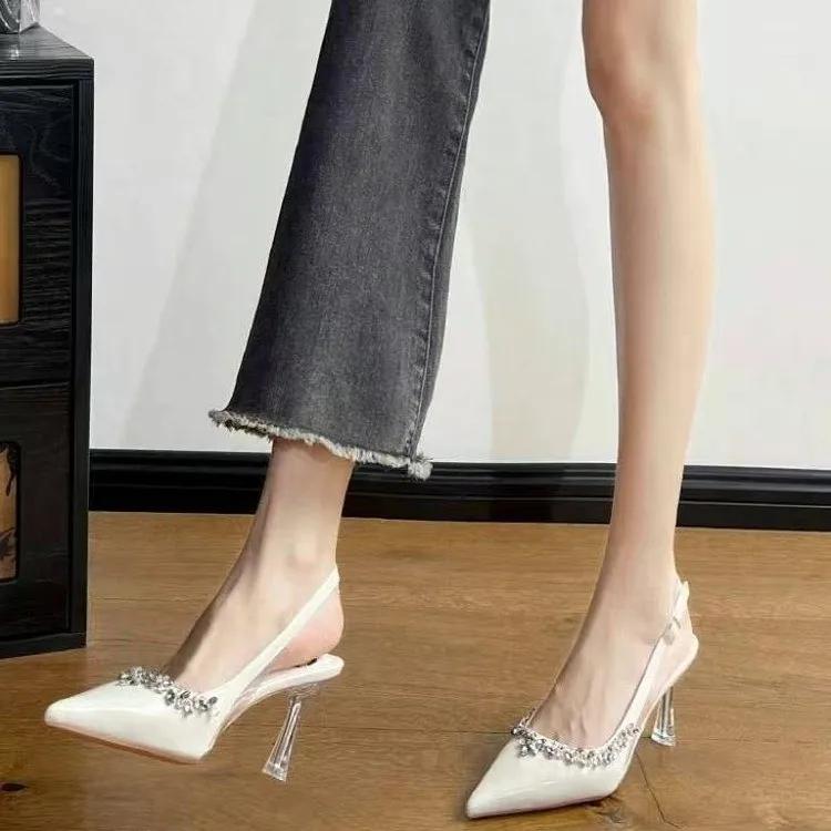 Sandali Donna Nuovi Classici Champagne Banchetto Matrimonio Scarpe Donna Sexy Strass Raso Punta Acuta Tacco Alto Sandali Donna