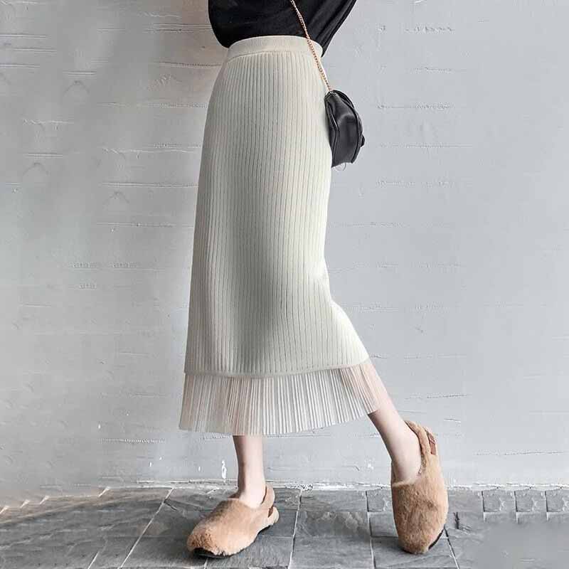 Reversible Pleated Women's Autumn Winter Knitted Midi Skirt A-Line Bodycon Style to Pair with Sweaters