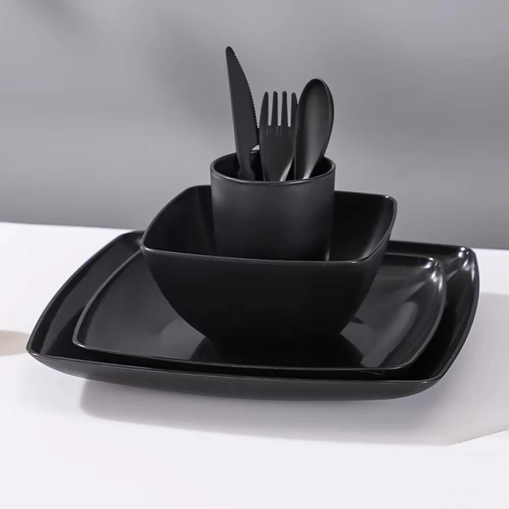 

7Pcs Wheat Straw Tablewar Sets Bowl Saucers Plate Sets Portable Picnic Cutlery Knife Fork Black Dinnerware Camping Dishes Full