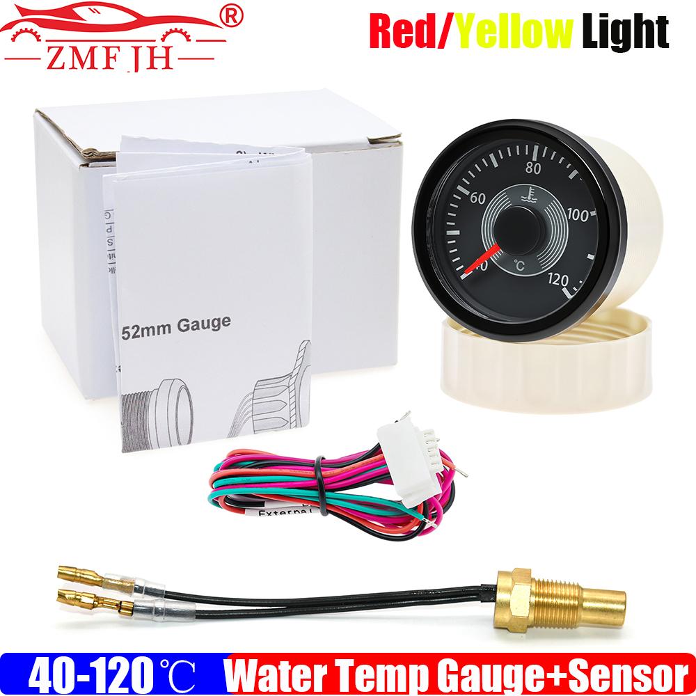 ZMFJH Pointer 52MM Water Temperature Gauge with Sensor 10mm RED Yellow LED 40-120℃ Water Temp Meter for Universal Boat Car Auto