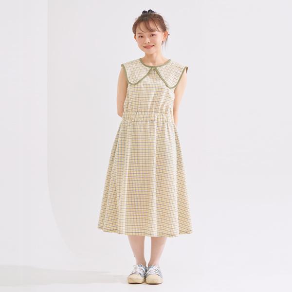 Primavera Dog Ear Collar Check Dress (Green/Yellow)