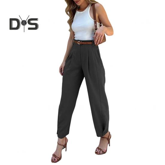Women Suit Pants High Waist Buttons Zipper Fly Loose-Fit Solid Color Trousers with Pockets Commuting Style Long Pants
