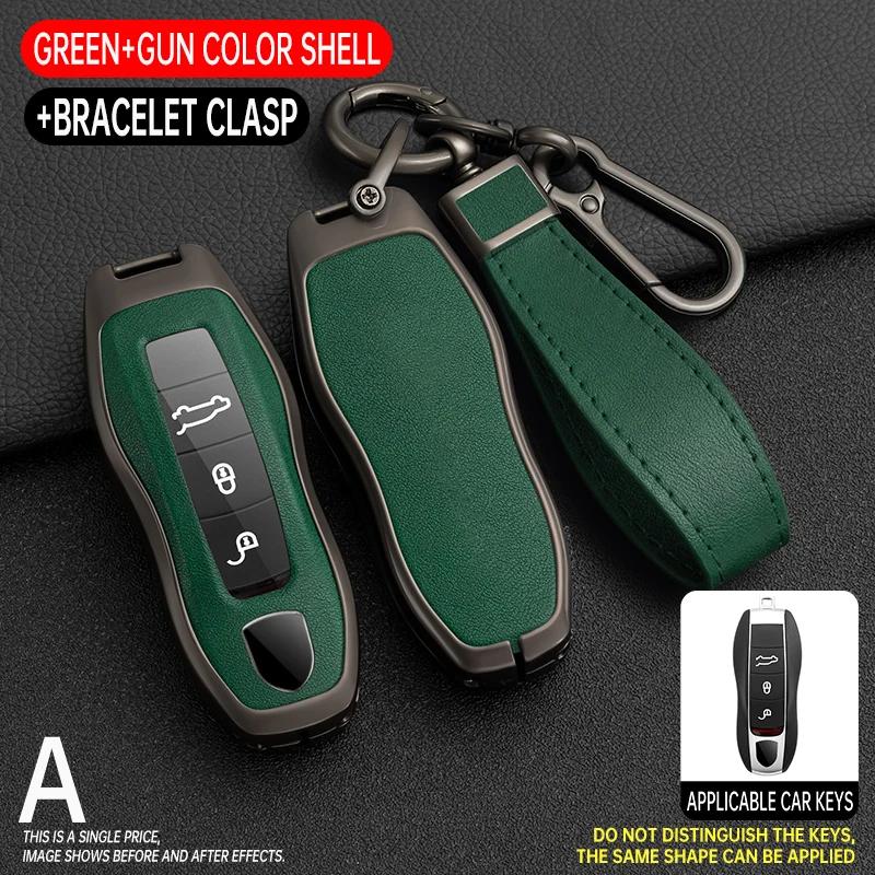 Zinc Alloy + Leather Car Key Case Cover Fob Holder For Porsche Cayenne Panamera 971 911 9YA Macan 718 Cayman Boxster 3 Remote