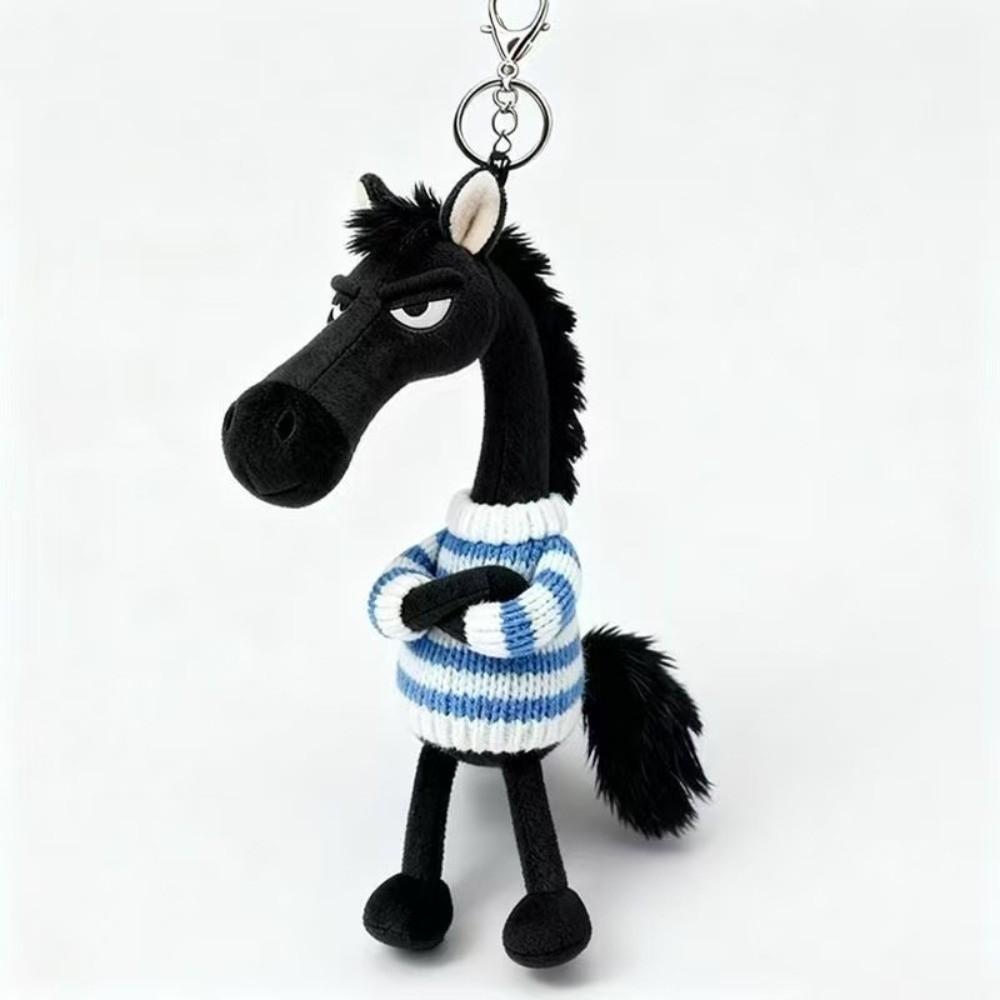 Creative Plush Dark Horse Keychain Cute Zodiac Pony Figurine Simulation Horse Doll  Children Toy Blue white sweater