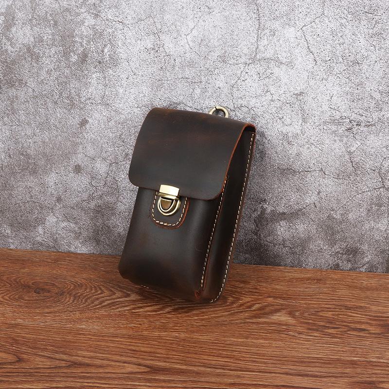 Genuine Leather Men's Bag, Retro Crazy Horse Leather Phone Bag, Vertical Cigarette Bag, Top Layer Cowhide Pants, Waist Small Hanging Bag
