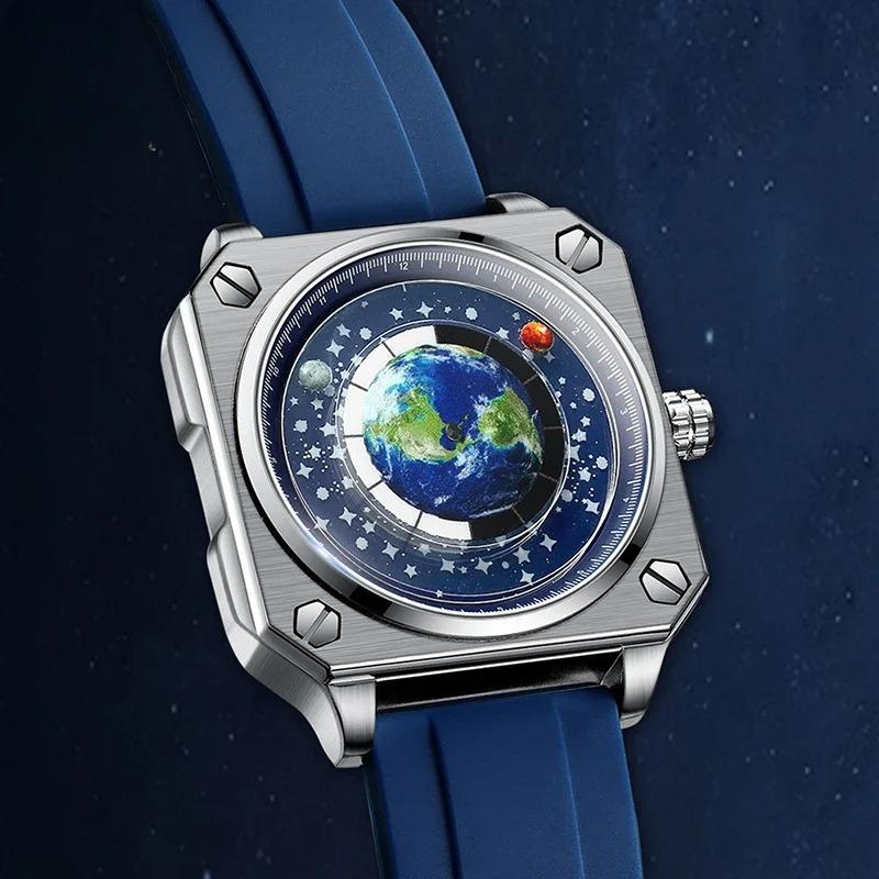 Earth Watch for Men Rotating Earth Dial New Concept Creative Blue Planet Non Mechanical Pointer Silicone Tape Men Watch