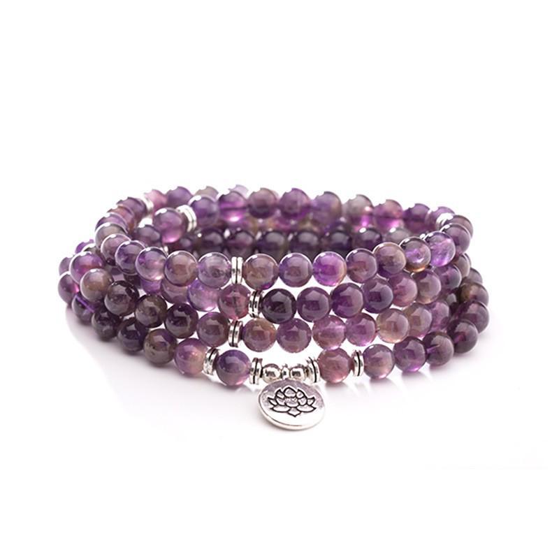 Natural Amethyst Bracelet with Lotus Pendant - 108 Beads, 6-8mm