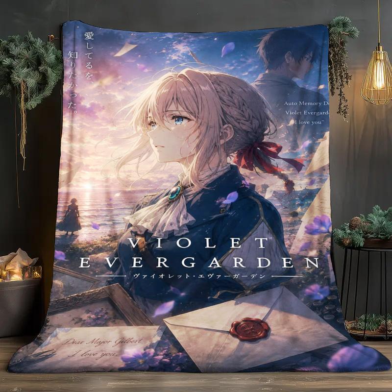 Violet Evergarden Letter Theme Anime Flannel Throw Blanket, Soft Blanket for Sofa Bed, Anime Print Home Decor