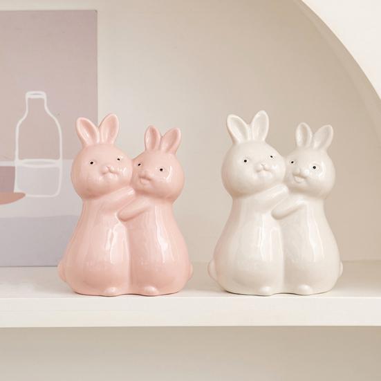 Yousheng Easter Hugging Rabbit Ceramics Figurine Miniature Pink White Couple Bunny Statue Home Office Desktop Decoration Ornament