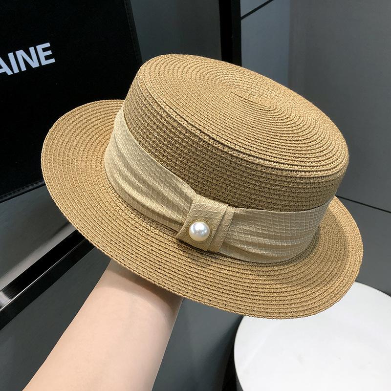 Sunscreen Hat Women's French Flat-top Pearl Top Hat Summer British Celebrity Style Casual Versatile Sun Straw Hat