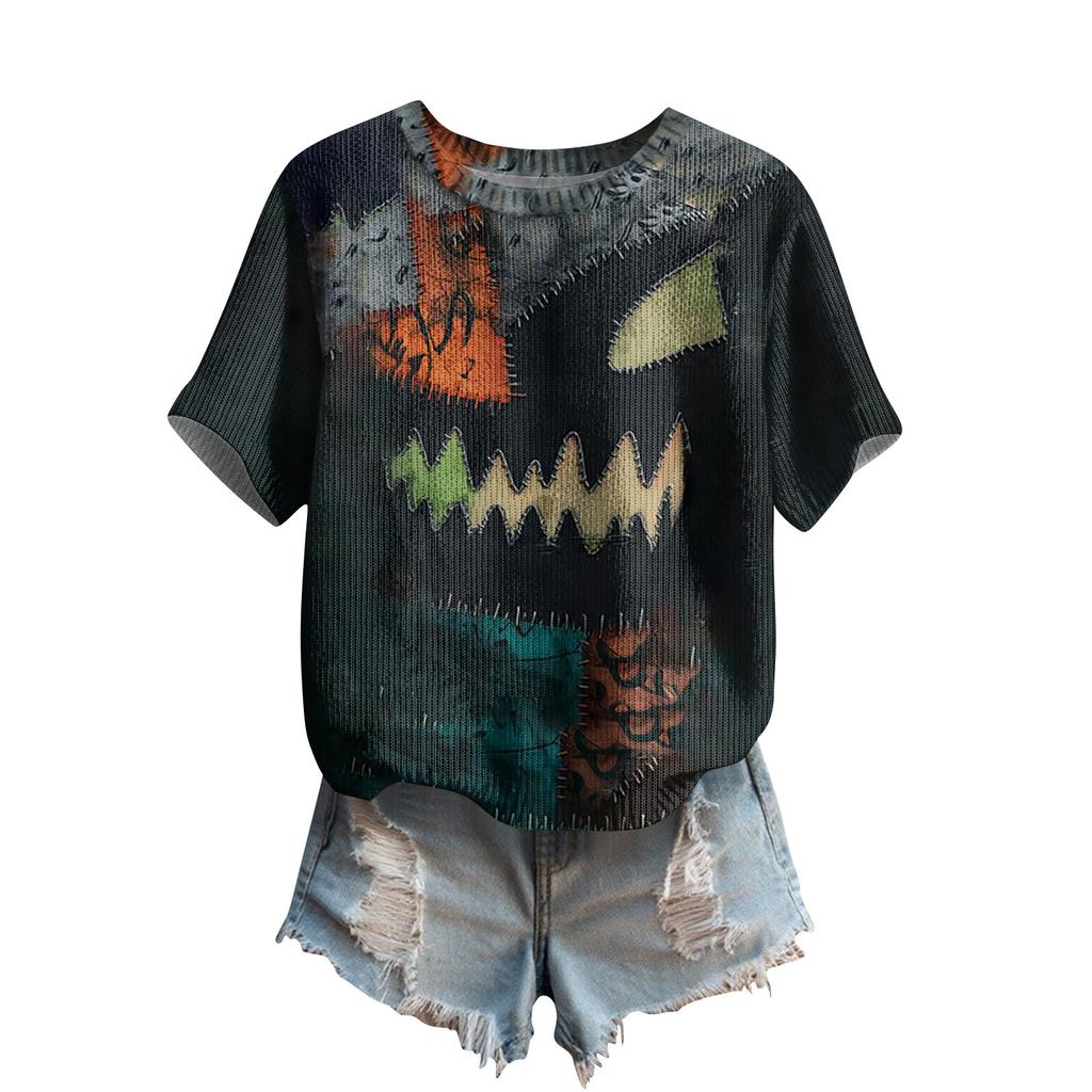 Women's Cute Sweater Knitted Fashion Casual Round-neck Short-sleeved  Cozy Print Top