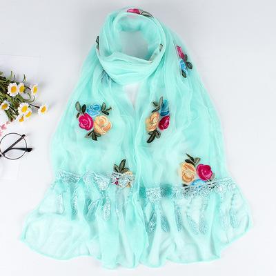 Double Layer Transparent Yarn Long Scarves Head Scarf Flower Embroidery Lace Tassel Hijab Scarf Bufanda Spring Autumn Elegant