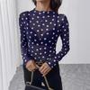 Women Sheer Polka Dot Mesh Half High Neck Long Sleeve Sexy T Shirt Top