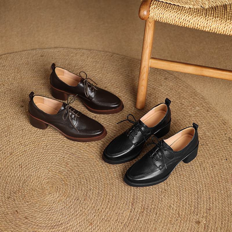 Krazing Pot Sheepskin Autumn Winter Shoes Chunky Heels Size 43 Size 42 Round Toe Lace Up Deep Mouth Retro Fashion Pumps