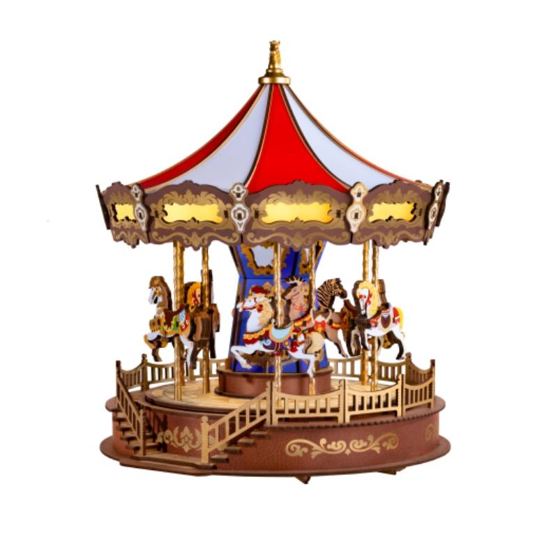 3D Wooden Puzzle Carousel Music Box With LED Lights Gear Model Building Construction Craft Kits Xmas Gifts for Adult