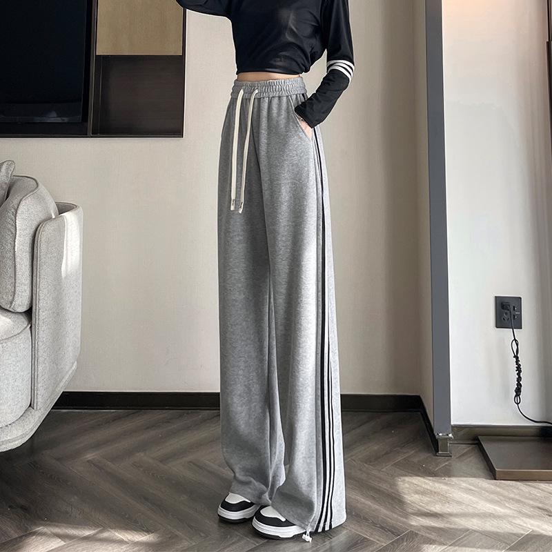 Women's High-Waist Drawstring Wide-Leg Sweatpants, Grey Fleece-Lined with Three Stripes - Spring, Autumn, & Winter Casual Floor-Length Draping Style.