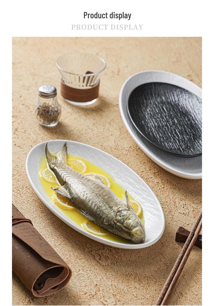 Oval Ceramic Fish Plate with Rock Texture - Stylish New Design for Dining and Serving Steamed Fish or Vegetables.