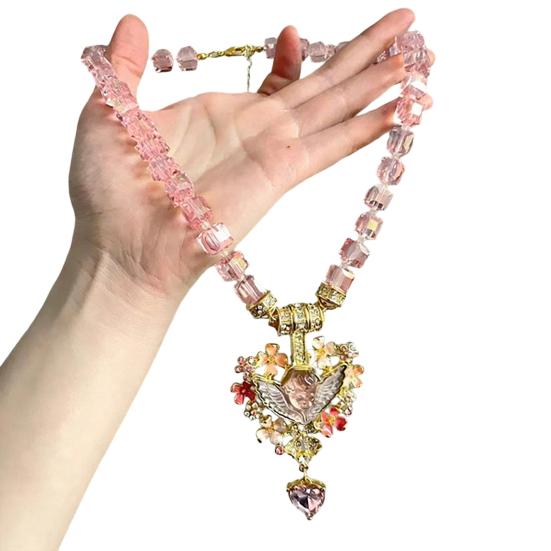 Vintage Angel Pendant Necklace, Sparkling Chunky Beaded Necklace, Pink Faux Diamond Heart Necklace, Retro Jewelry for
