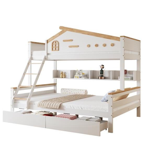 Double Layer Bed Bunk Bed Children with Color-Contrasting Safety Rail Two Drawers Mother Child Window Four-Step Inclined Ladder And Open