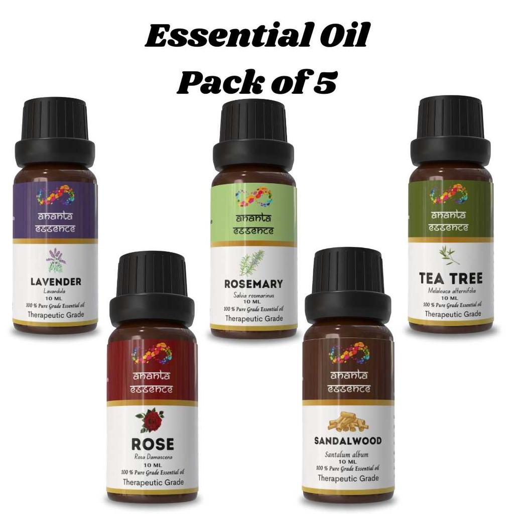 Ananta Essential Oil Pack of 5 – Lavender, Rosemary, Tea Tree, Sandalwood & Rose Aroma Oils (10 Ml × 5)