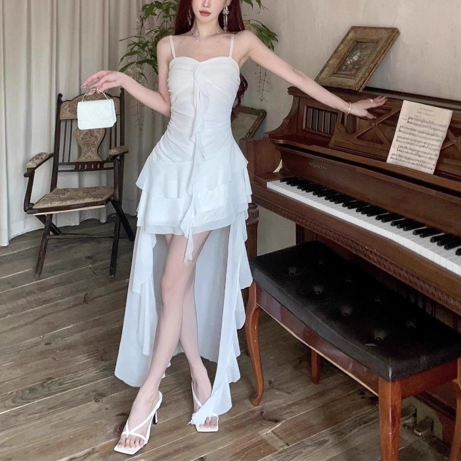 Sexy Spaghetti Strap Ruffle Irregular Bodycon Party Club Evening Dress Women Mesh Suspender Spring Summer Holiday Beach