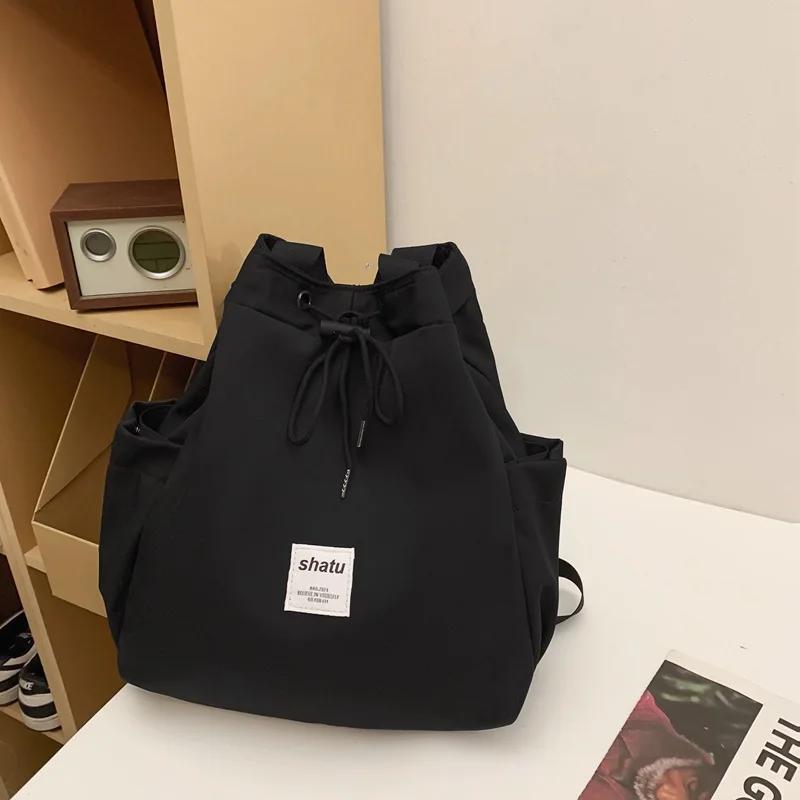 

Drawstring Buckle Multi Pocket Curved Shoulder Strap Square Vertical Large Capacity Zipper Outer Bag Solid Color Backpack bolsos чёрный