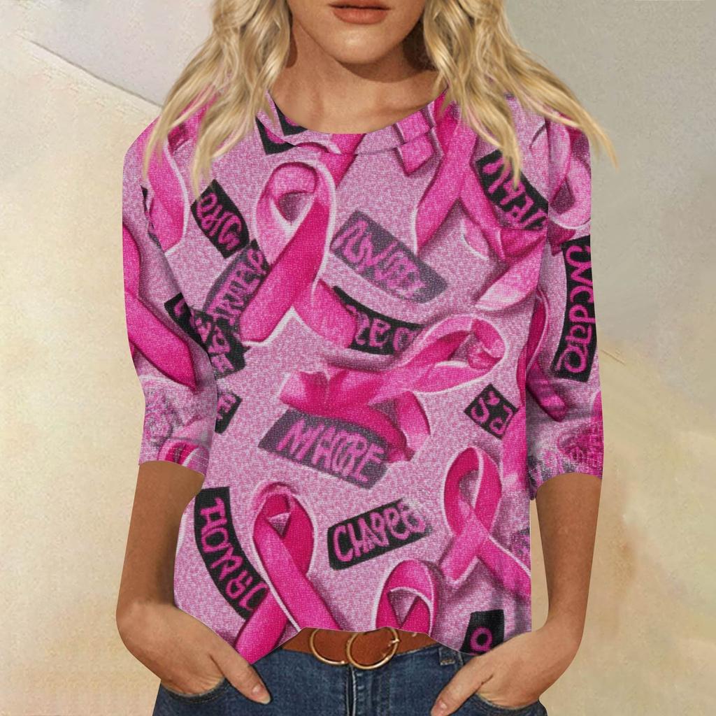 Damenmode Lässig Sieben-Ärmel mit Schlitz Bedruckt Locker Rundhals Oberteil