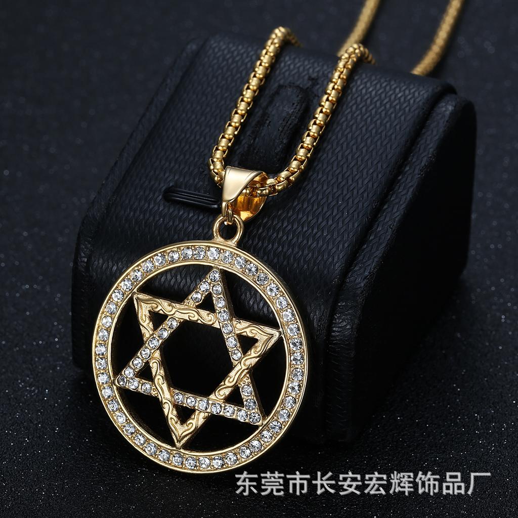 Hot Selling Hip Hop Jewelry Titanium Steel Gold-Plated Round Pendant Hexagram Necklace