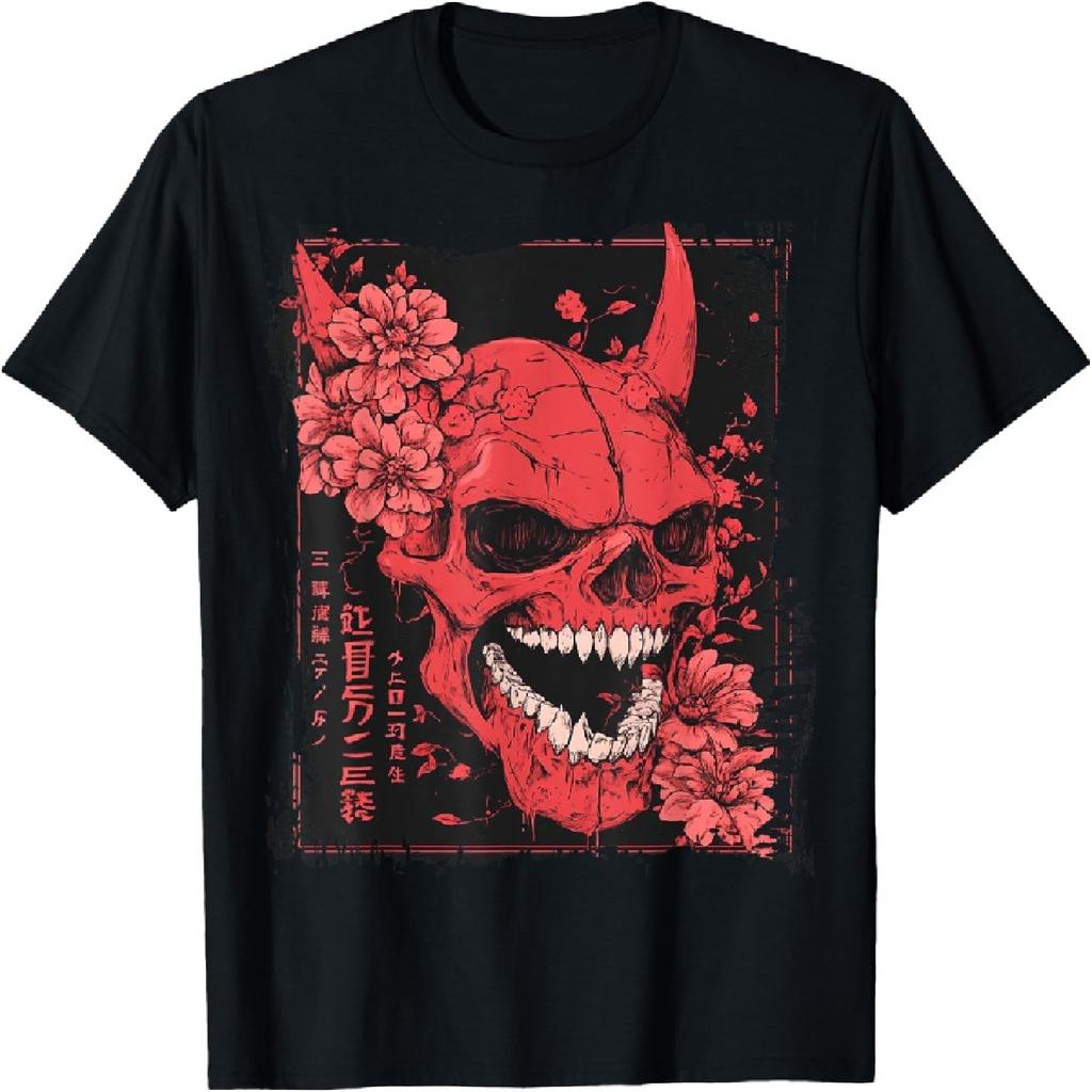 Demon Face Skull Japanese Art Devil Oni Harajuku Aesthetic T-Shirt(1)