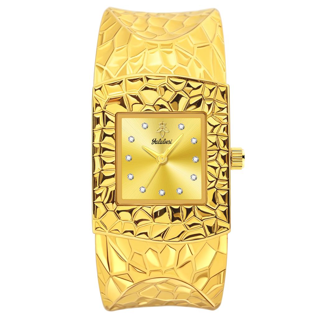 YaLaLuSi Gold Open Cuff Women Watch Square Green Dial Crystal Quartz Wrist Watch Luxury Gift Watch For Her