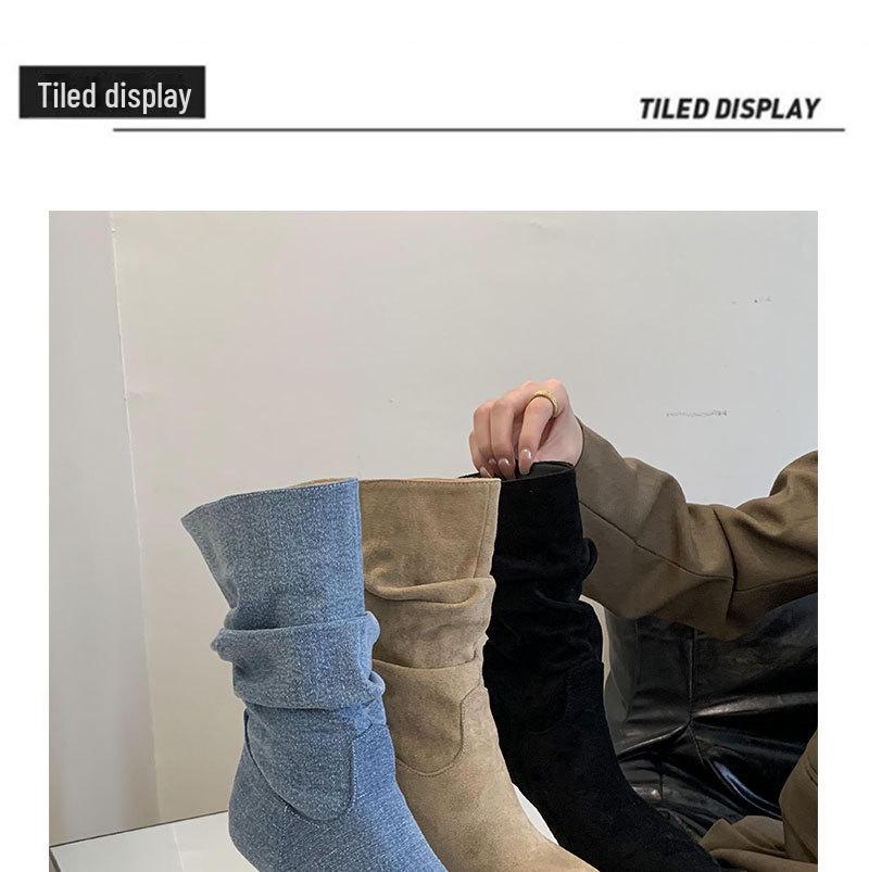 Women’s 2024 Autumn Retro Slim Heel Pleated Mid-Tube Pointed Toe Boots