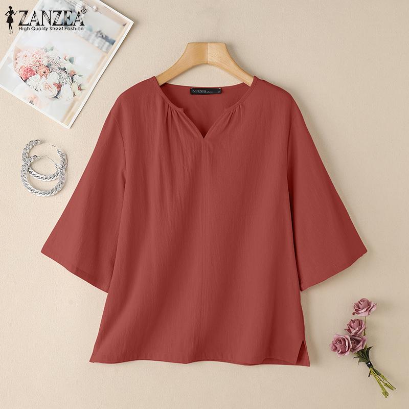 ZANZEA Women V-Neck Loose Casual 3/4 Sleeve Cotton Blouse