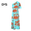 Women's One Shoulder Maxi Dress Batwing Sleeves Floral Printed Split Long Dress Pleated High Waist Cocktail Party Dress