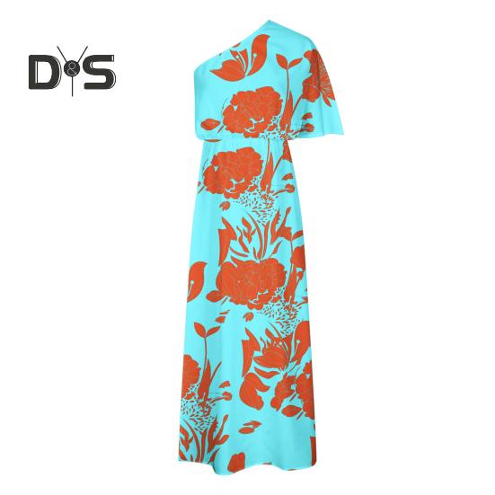 Women's One Shoulder Maxi Dress Batwing Sleeves Floral Printed Split Long Dress Pleated High Waist Cocktail Party Dress