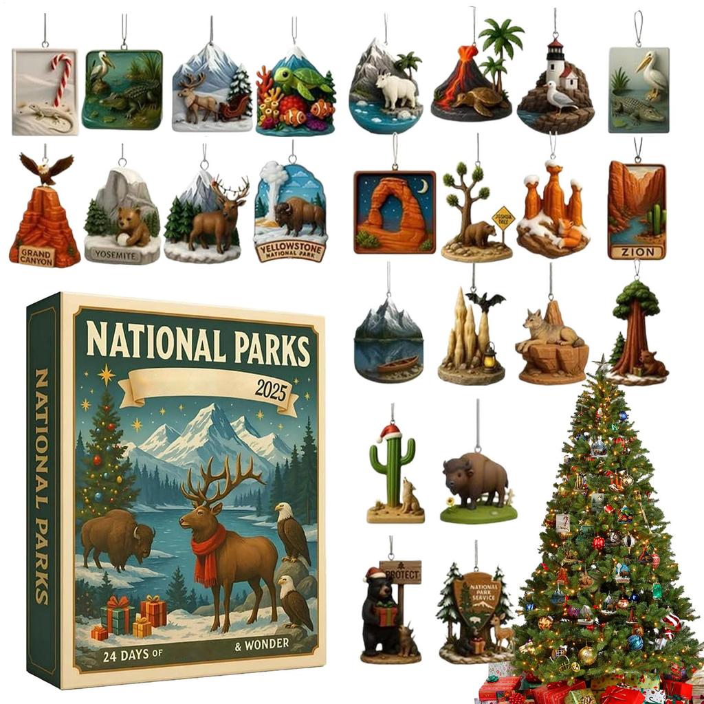 Weihnachten Nationalparks Themen Ornament Countdown Niedliche Acrylkalender mit 2D Flachanhänger 24 Tage Weihnachtsdekoration
