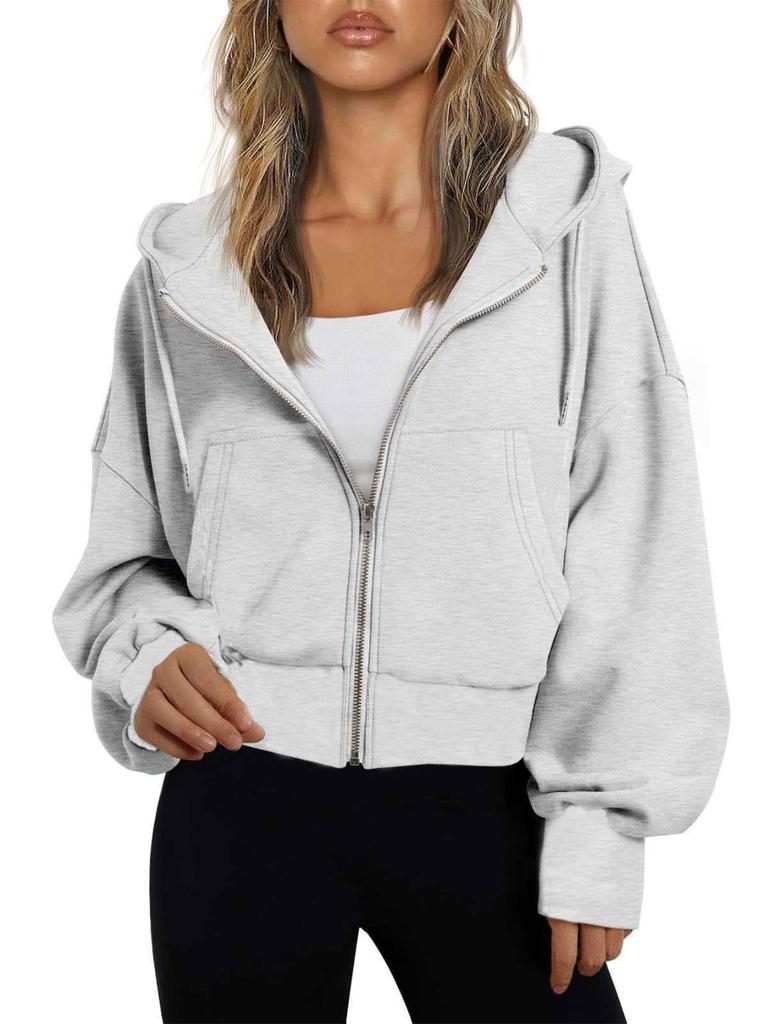 Women's Fashion Winter Long Sleeve Hooded Zipper Solid Color Loose Hooded Jacket