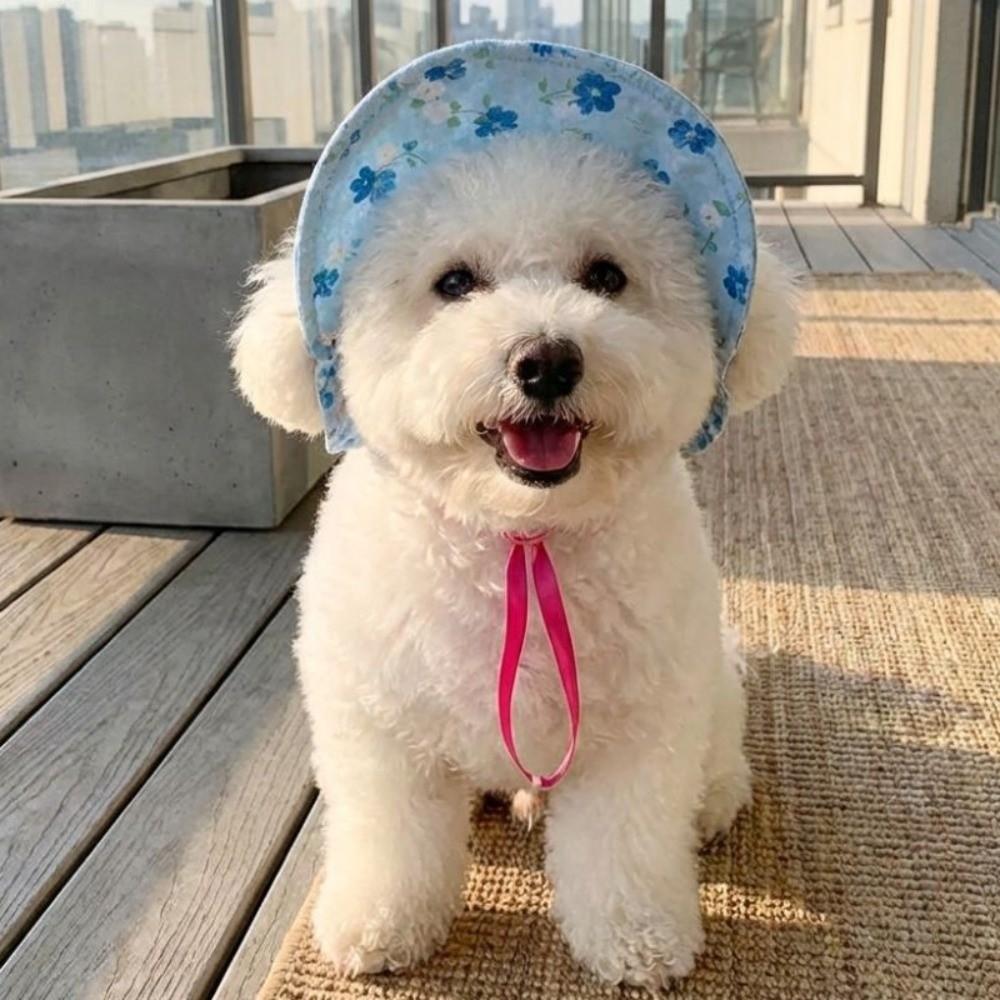 Floral Pattern Pet Sun Hat Adjustable UV Protection Adorable Pet Hat With Ear Holes Breathable Cat Sun Protection Hat