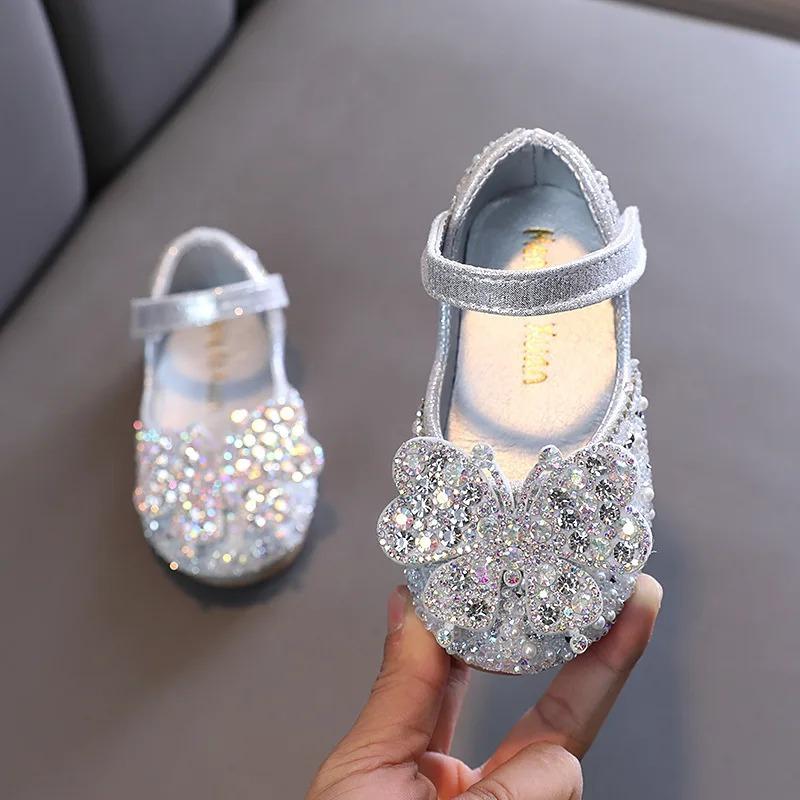 Children Spring Summer Kids Version Single Shoes Girls Pearls Dance Shoes Crystal Sequins Rhinestone Princesses Leather Shoes