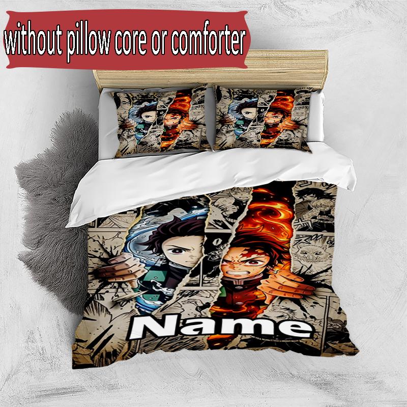 3pcs Duvet Cover Set (1*Duvet Cover + 2*Pillowcase, Without Core), Custom Name Demon Slayer Pattern Bedding Set, Home Bedroom Decor Gift